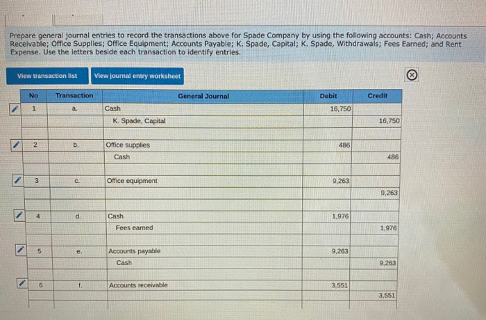 transactions of Spade Company appear below. a. Kacy Spade, owner, invested $16.750