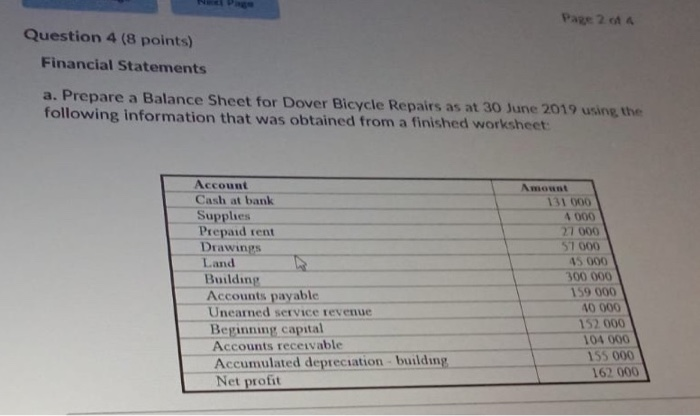  Page 2 ota Question 4 (8 points) Financial Statements a. Prepare