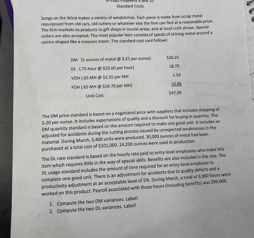Examine the four direct costs variances from the in-class problem. Which one