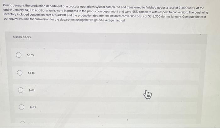 conversion. The equivalent costs per unit are materials, $2.74, and conversion $2.25