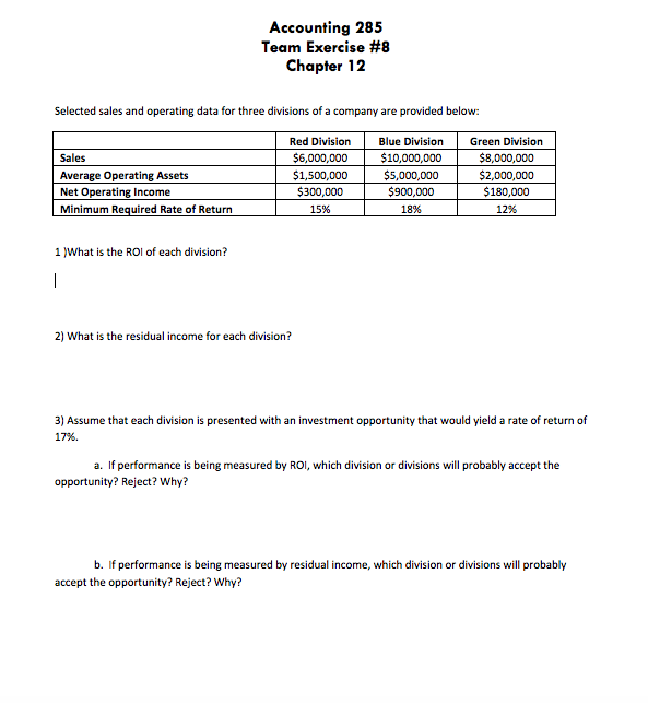  Accounting 285 Team Exercise #8 Chapter 12 Selected sales and operating