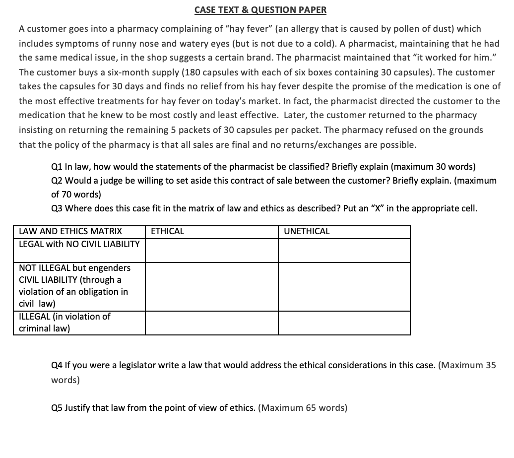 CASE TEXT & QUESTION PAPER A customer goes into a pharmacy