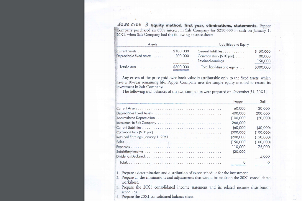 EXEK CISE 3 Equity method, first year, eliminations, statements. Pepper Company