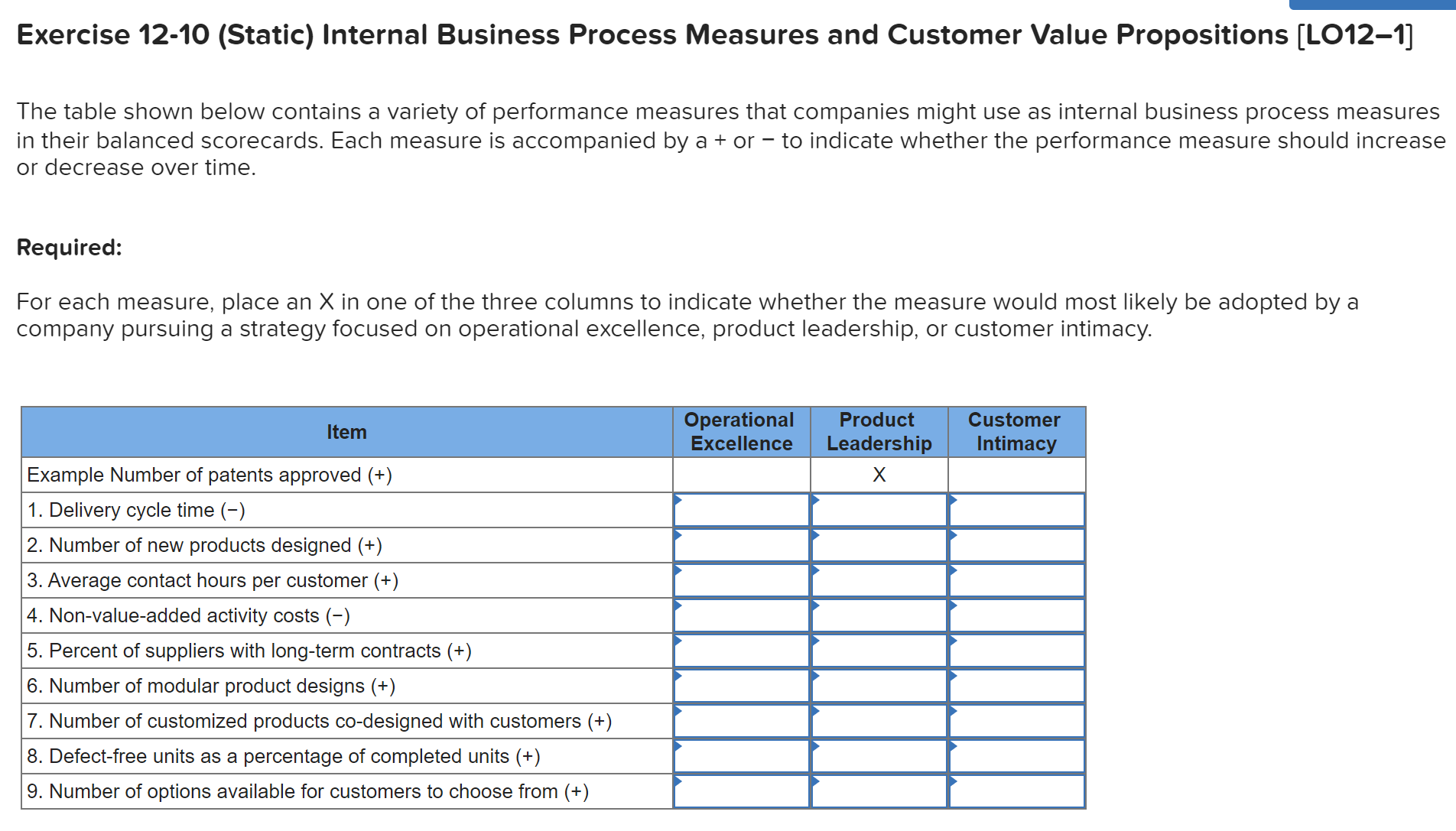 Exercise 12-10 (Static) Internal Business Process Measures and Customer Value Propositions