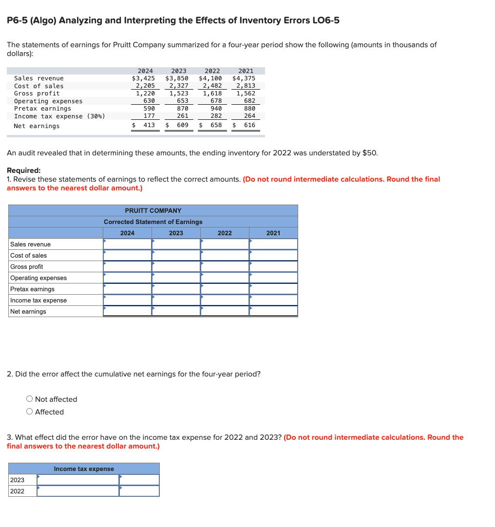P6-5 (Algo) Analyzing and Interpreting the Effects of Inventory Errors LO6-5