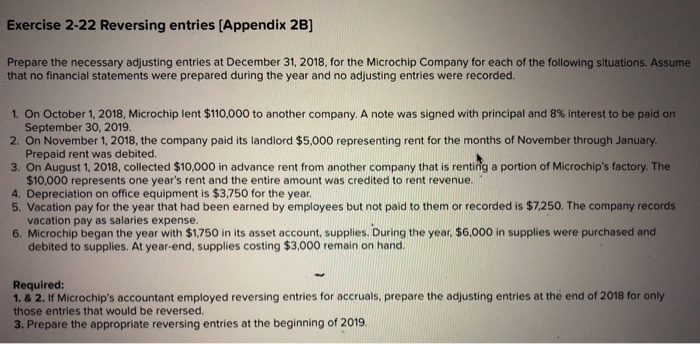  Exercise 2-22 Reversing entries [Appendix 2B] Prepare the necessary adjusting entries