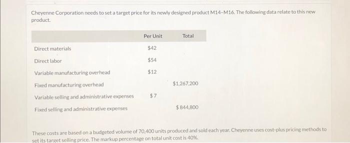 assuming that 52,800 M14M16s are produced and sold during the year. Cheyenne