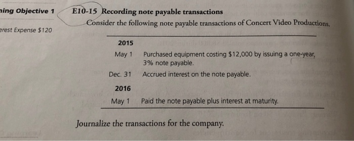  ing Objective 1 E10-15 Recording note payable transactions Consider the following