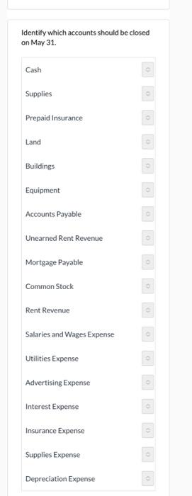 A count of supplies shows $1,050 of unused supplies on May 31.