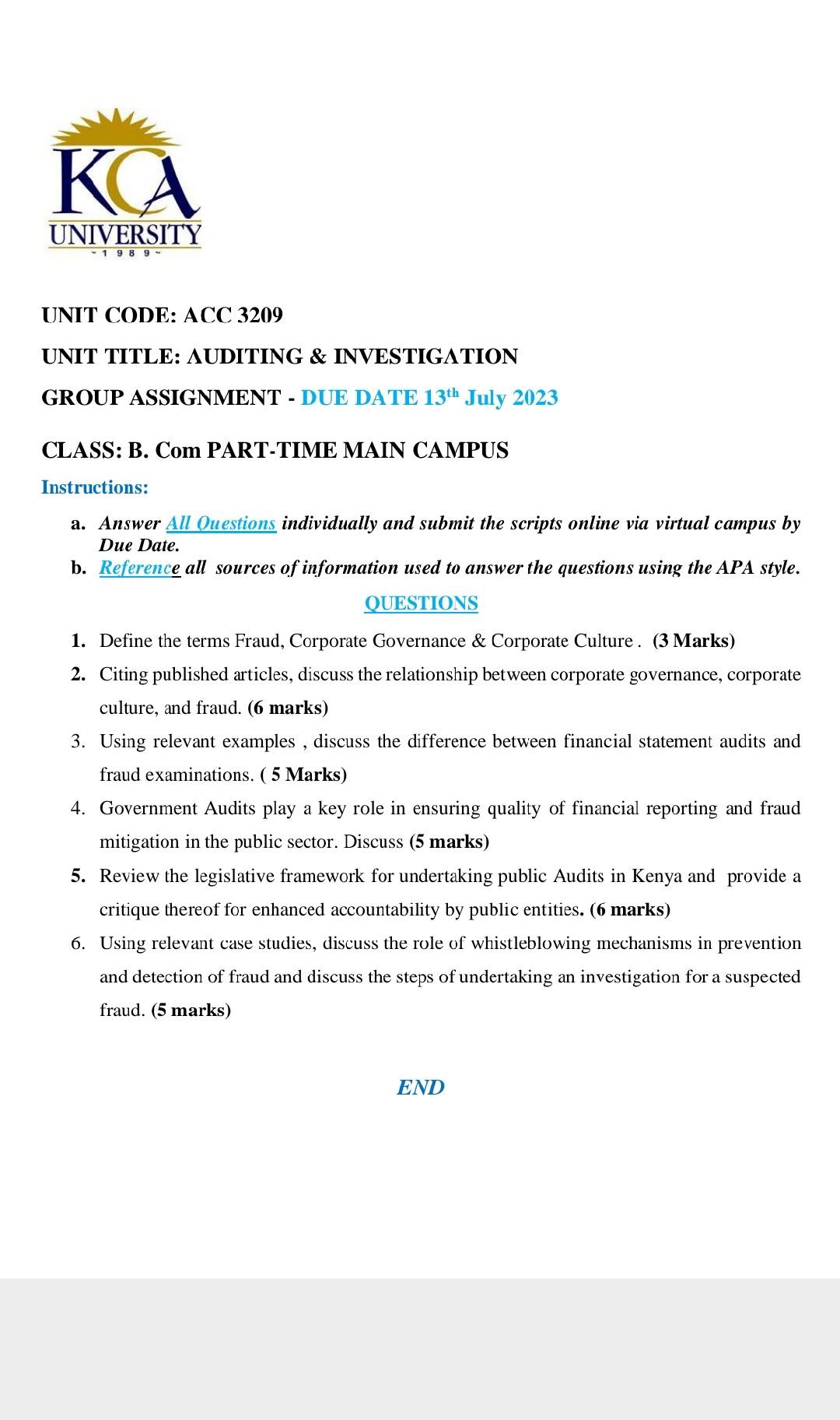  UNIT CODE: ACC 3209 UNIT TITLE: AUDITING \& INVESTIGATION GROUP ASSIGNMENT