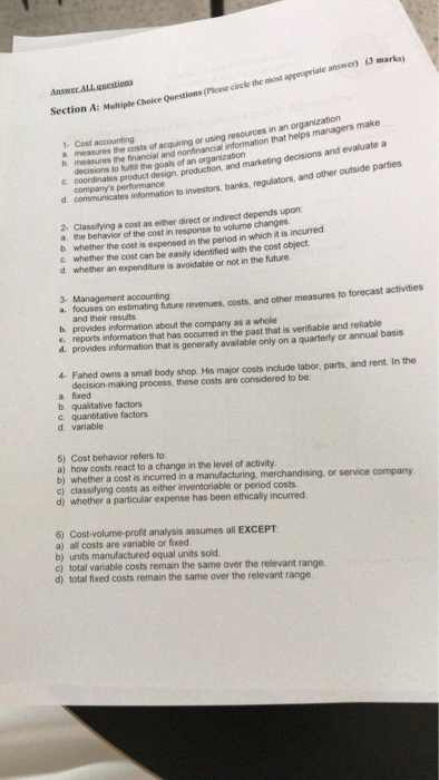  (3 marks Anwer ALL gRestions Section A: Multiple Choice Ouestions (Pleaue