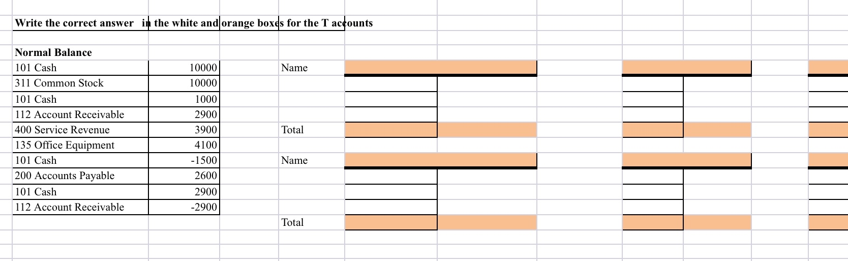 Write the correct answer in the white and orange boxes for