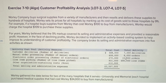  Exercise 7-10 (Algo) Customer Profitability Analysis (L07-3, L07-4, LO7-5) ces Worley