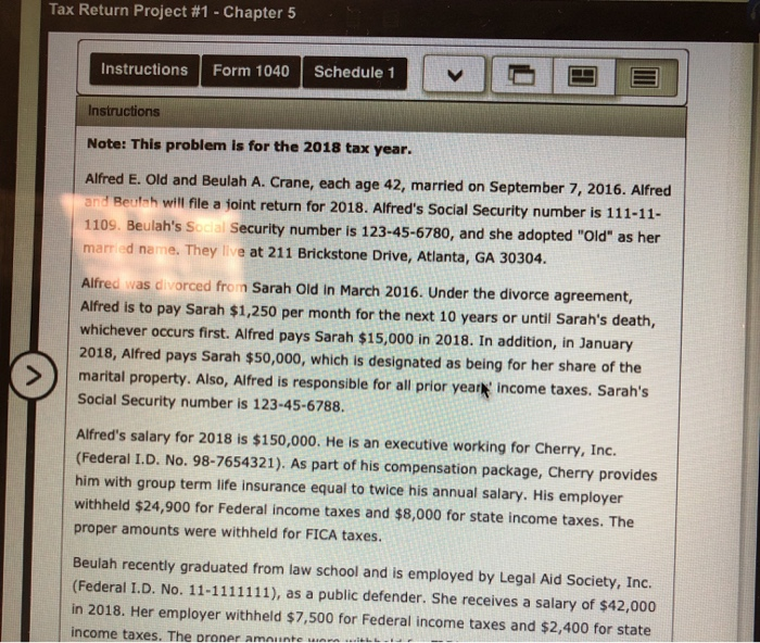  Tax Return Project #1 - Chapter 5 Instructions Form 1040 Schedule