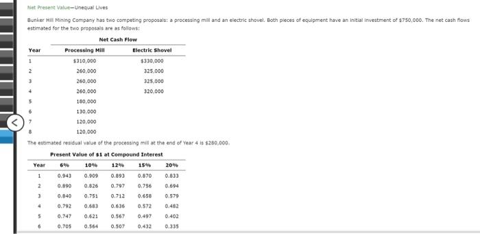  Net Present Value-Unequal Lives Bunker Hill Mining Company has two competing