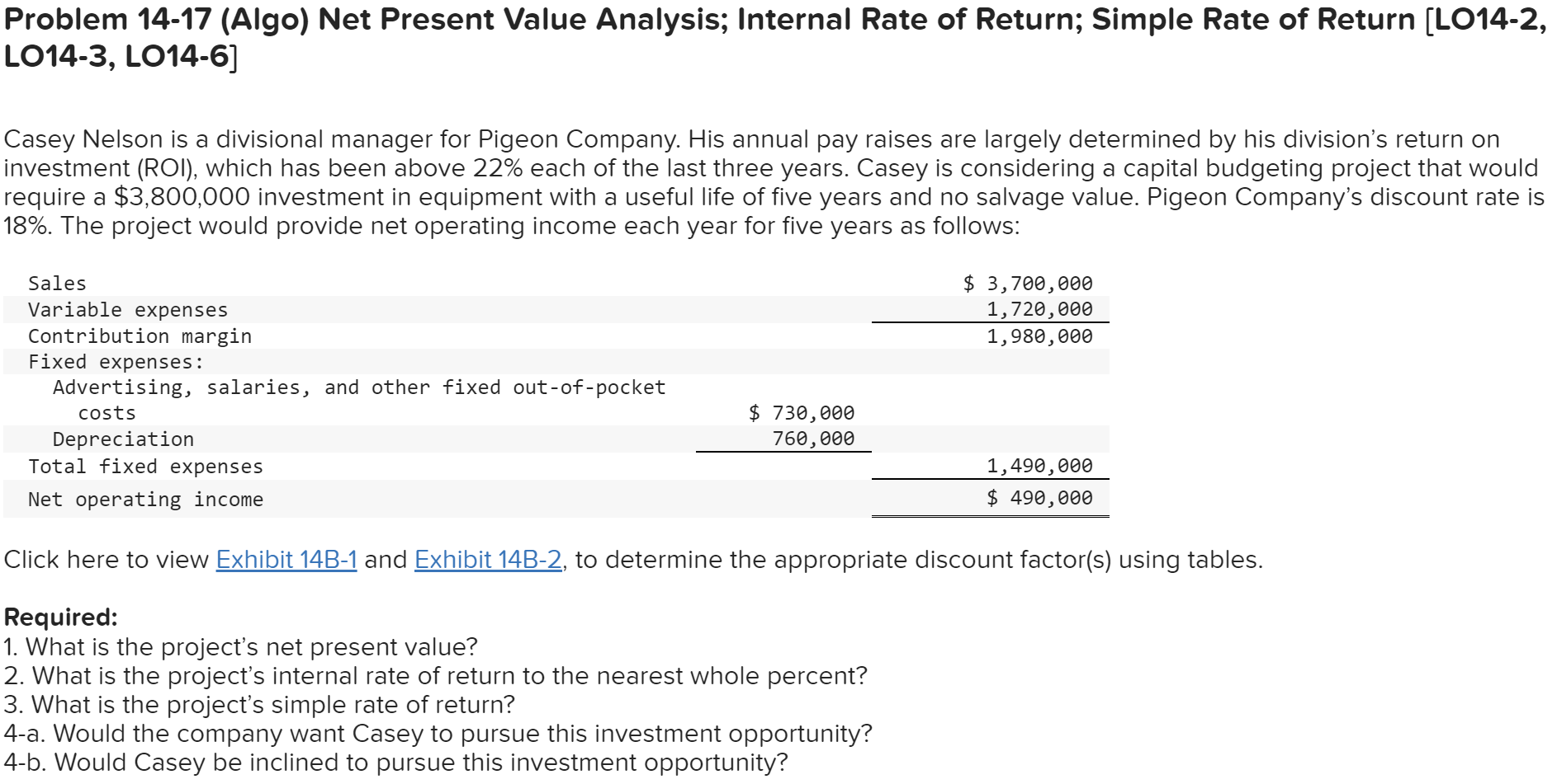  Problem 14-17 (Algo) Net Present Value Analysis; Internal Rate of Return;