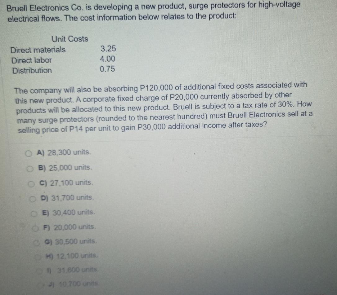  Bruell Electronics Co. is developing a new product, surge protectors for