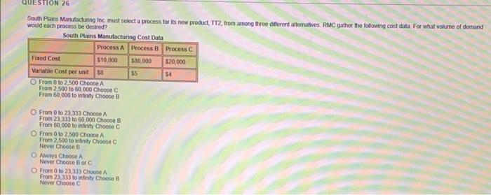  South Plains Manulactuning inc must select a process for its new
