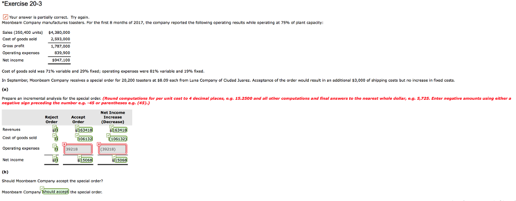 Exercise 20-3 Your answer is partially correct. Try again. Moonbeam Company