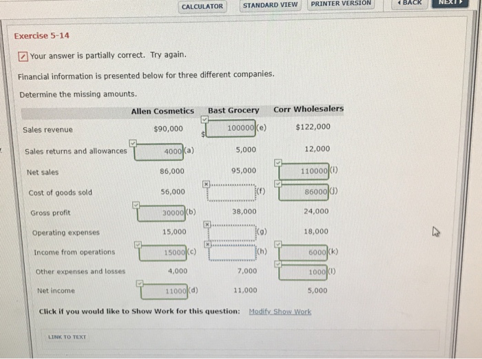  4 BACK CALCULATOR STANDARD VIEW PRINTER VERSION Exercise 5-14 Your answer