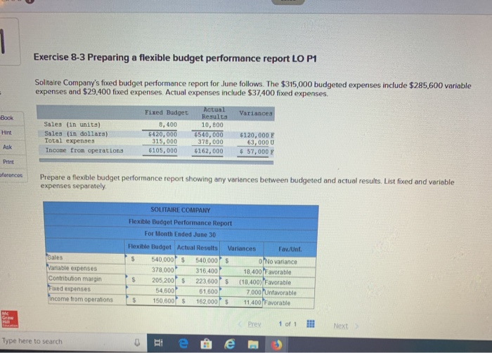  Exercise 8-3 Preparing a flexible budget performance report LO P1 Solitaire