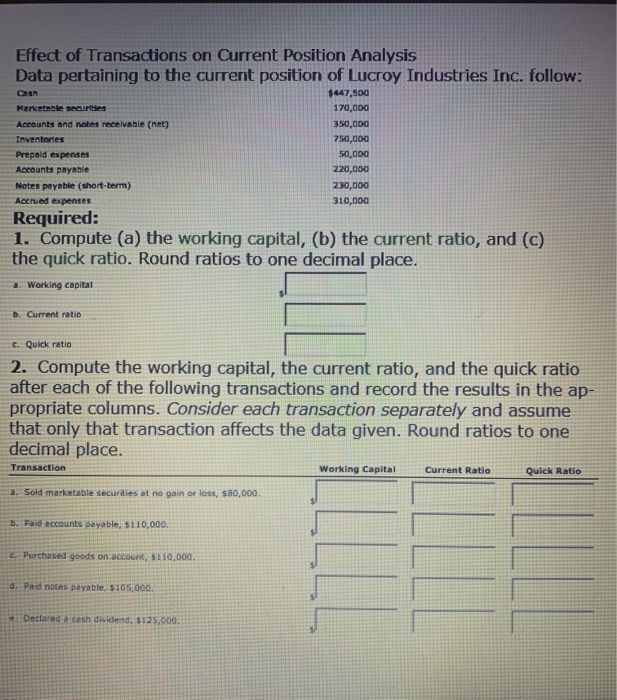  please show the work. Effect of Transactions on Current Position Analysis