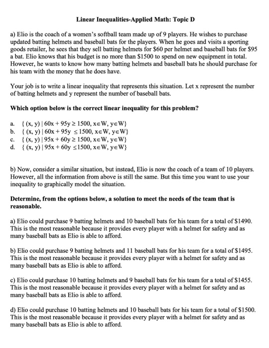  Linear Inequalities-Applied Math: Topic D a) Elio is the coach of