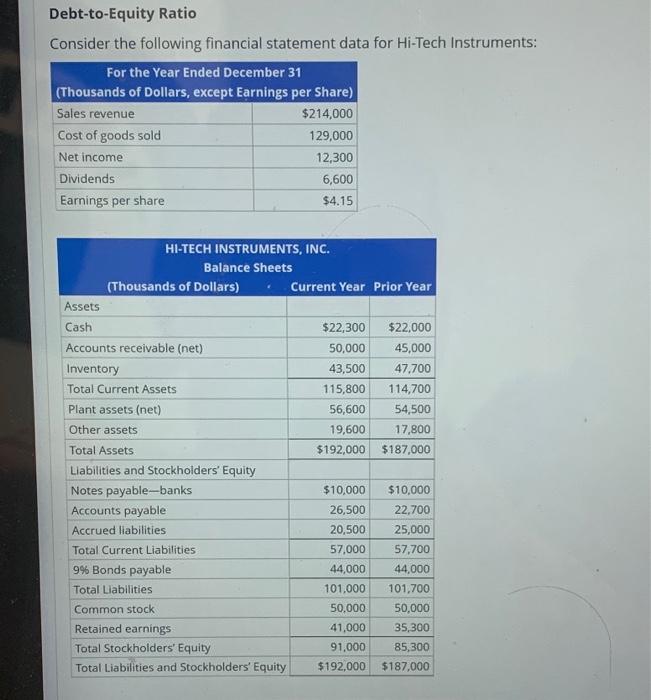  Debt-to-Equity Ratio Consider the following financial statement data for Hi-Tech Instruments: