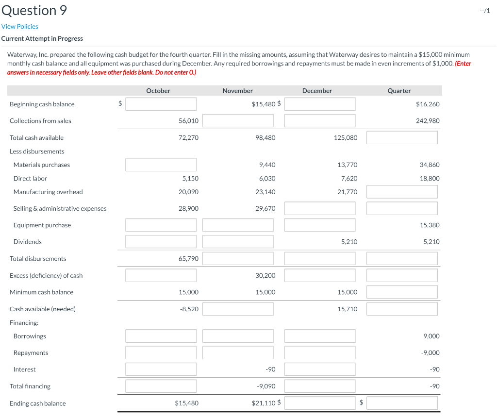 Question 9 Question 9 View Policies Current Attempt in Progress Waterway, Inc.