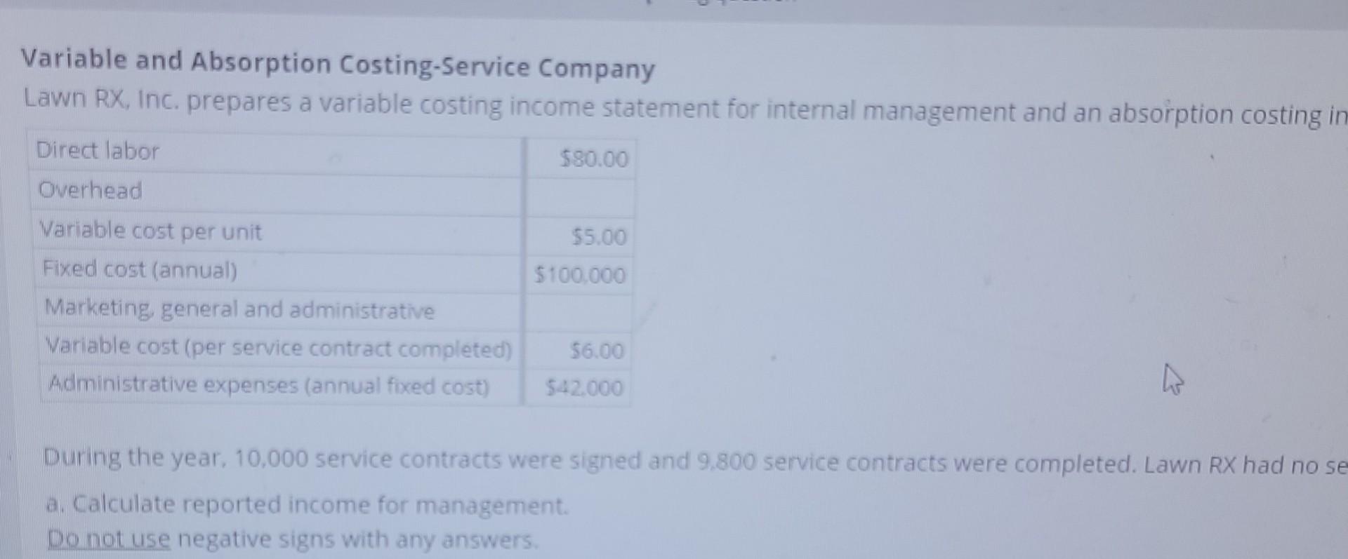  Variable and Absorption Cesting Service Company prepares a variable costing income