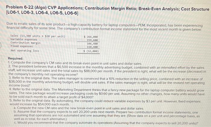  Please answer all parts Problem 6-22 (Algo) CVP Applications; Contribution Margin