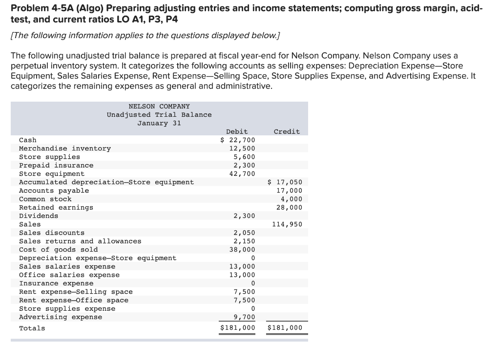 Problem 4-5A (Algo) Preparing adjusting entries and income statements; computing gross