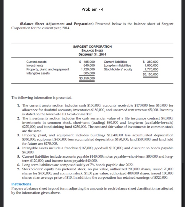  Problem - 4 (Balance Sheet Adjustment and Preparation) Presented below is