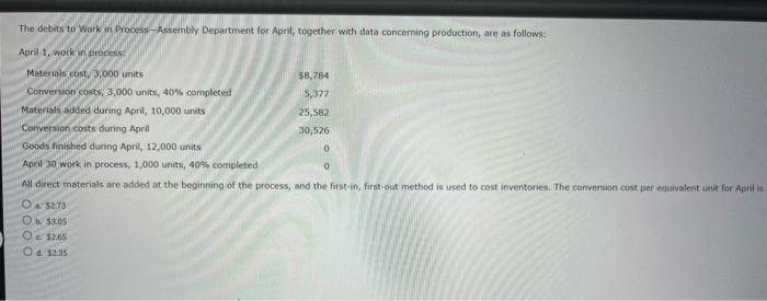  The debits to Work in Process - Assembly Department for April,