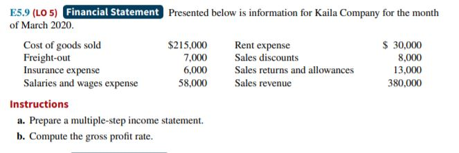  E5.9 (LO 5) Financial Statement Presented below is information for Kaila