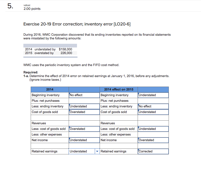  value: 2.00 points Exercise 20-19 Error correction; inventory error [LO20-6] During