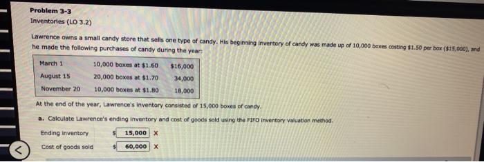  Problem 3-3 Inventories (LO 3.2) Lawrence owns a small candy store