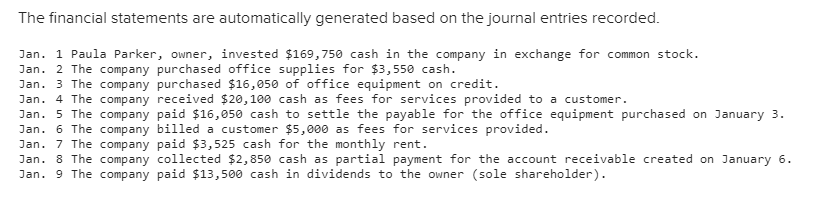 The financial statements are automatically generated based on the journal entries