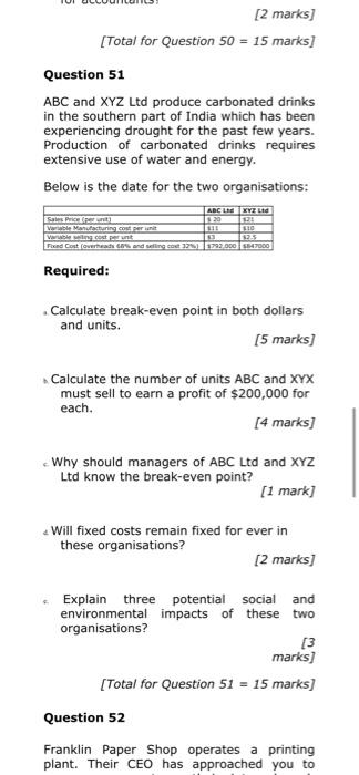  [2 marks] [Total for Question 50 = 15 marks] Question 51