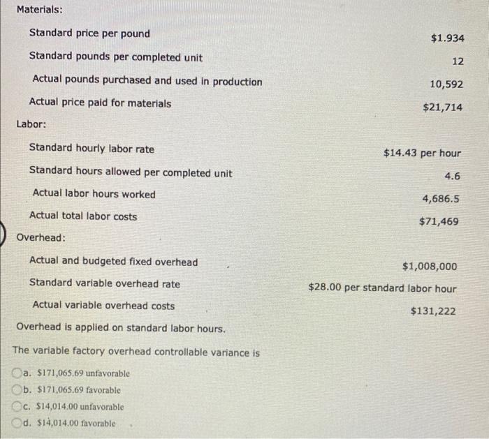 ounces purchased and used in production Actual price paid for materials Labor: