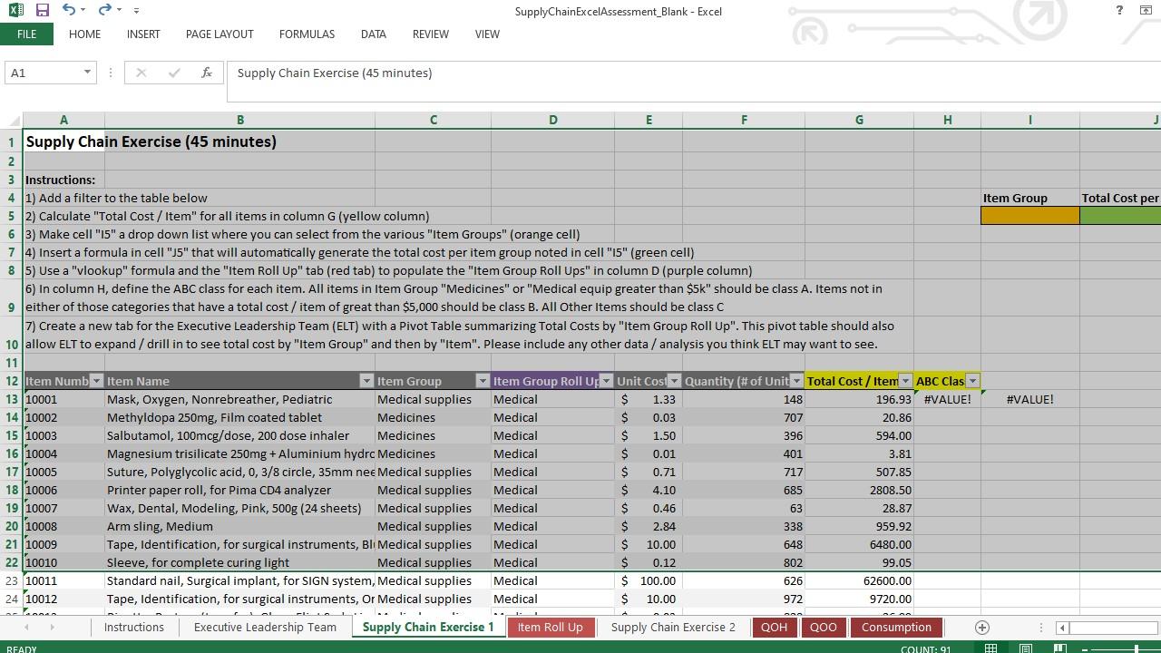 6) In column H, define the ABC class for each item. All