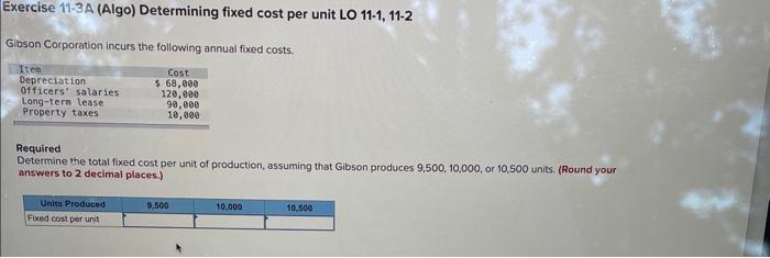  Exercise 11-3 A (Algo) Determining fixed cost per unit LO 11-1,