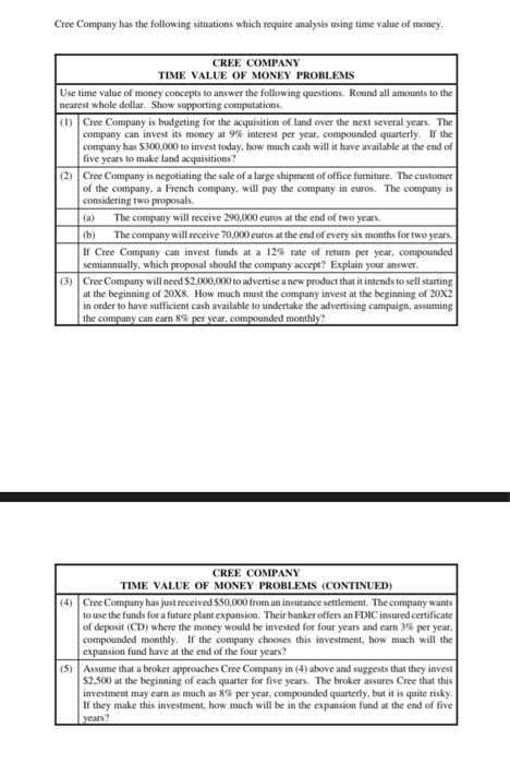  Cree Company has the following situations which require analysis using time