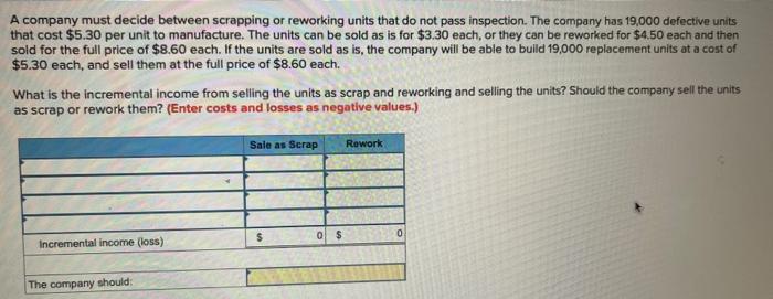 please answer asap A company must decide between scrapping or reworking units