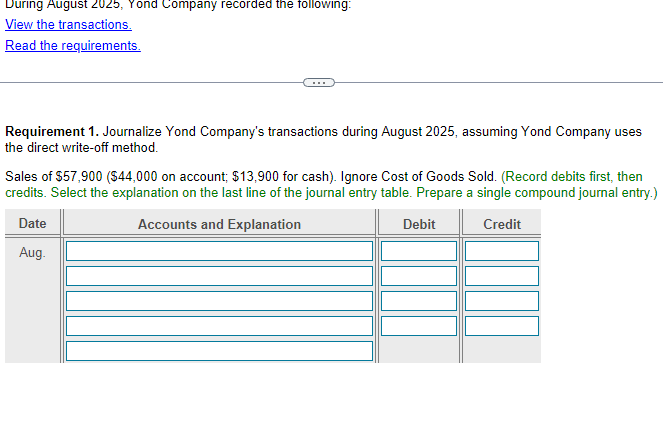  Uuring August 2025, Yond Company recorded the following: View the transactions.