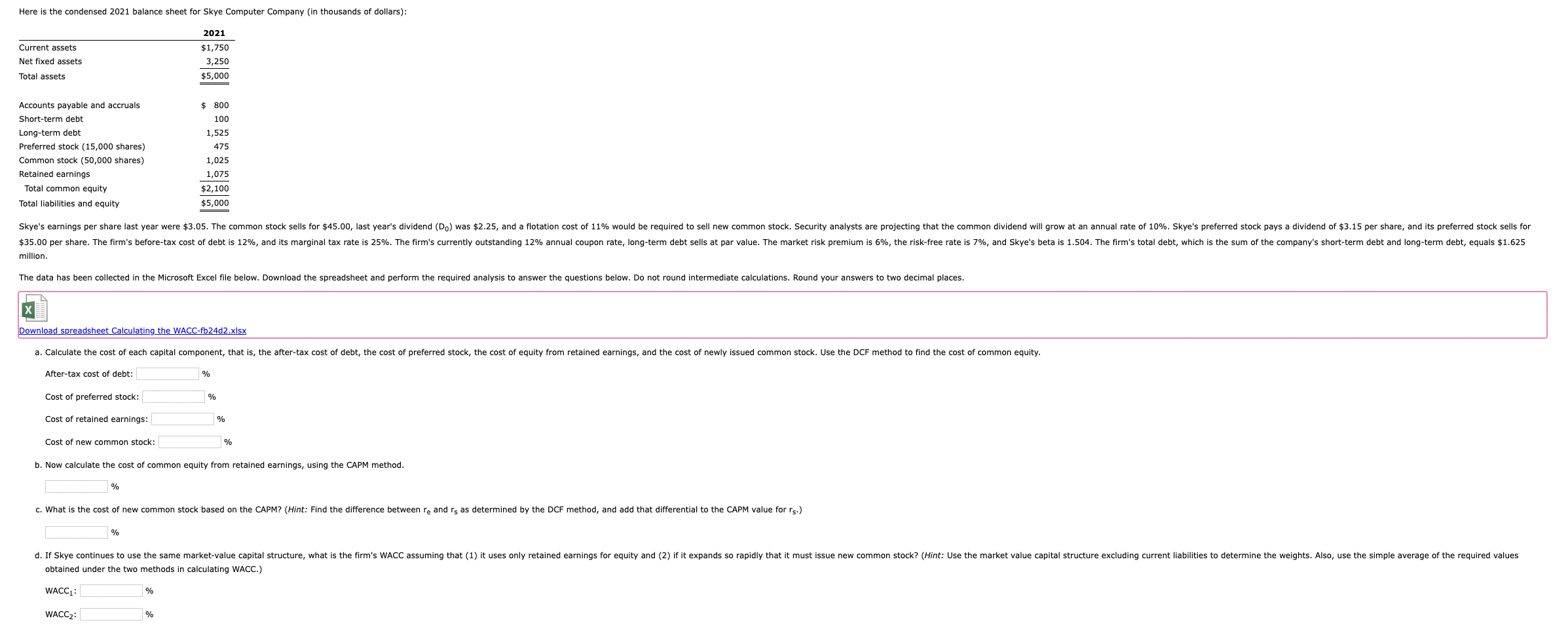  Here is the condensed 2021 balance sheet for Skye Computer Company