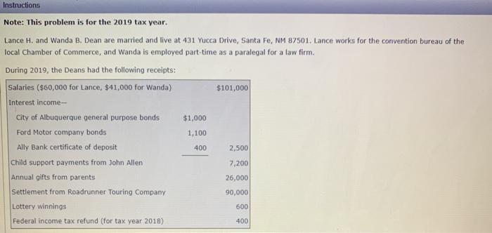  Instructions Note: This problem is for the 2019 tax year. Lance