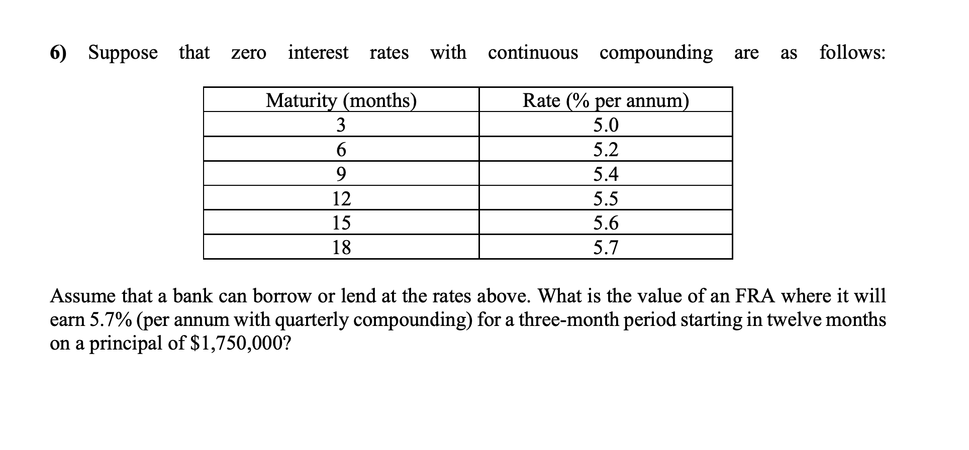  6) Suppose that zero interest rates with continuous compounding are as
