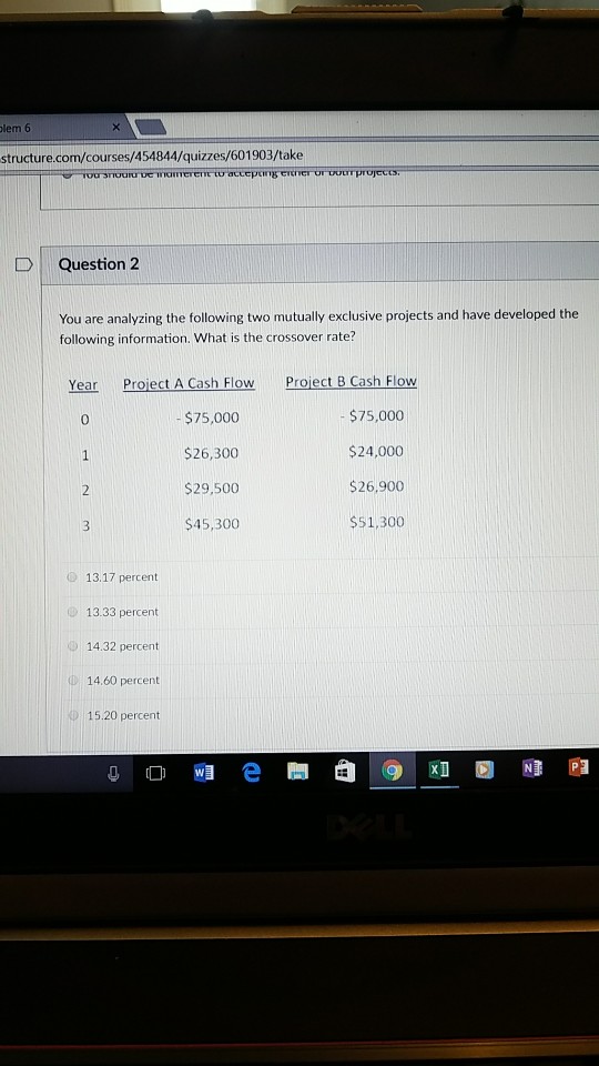  You are analyzing the following two mutually exclusive projects and have