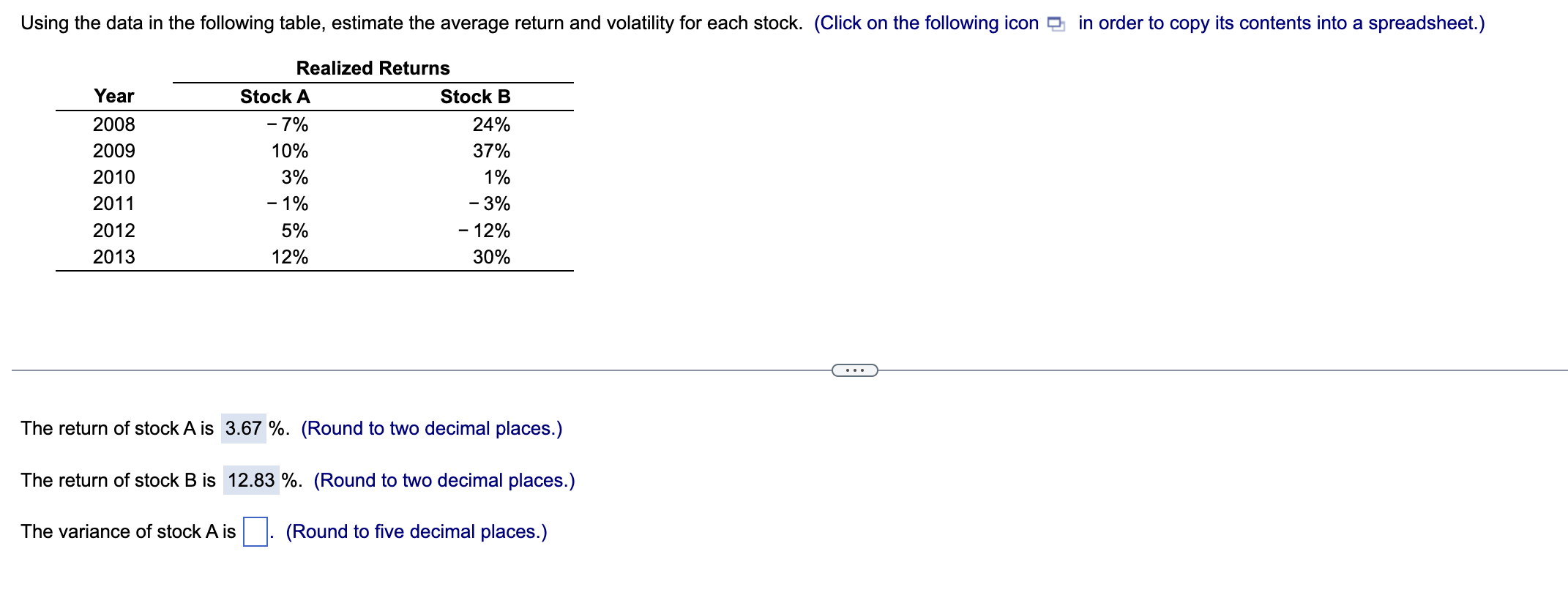  Using the data in the following table, estimate the average return